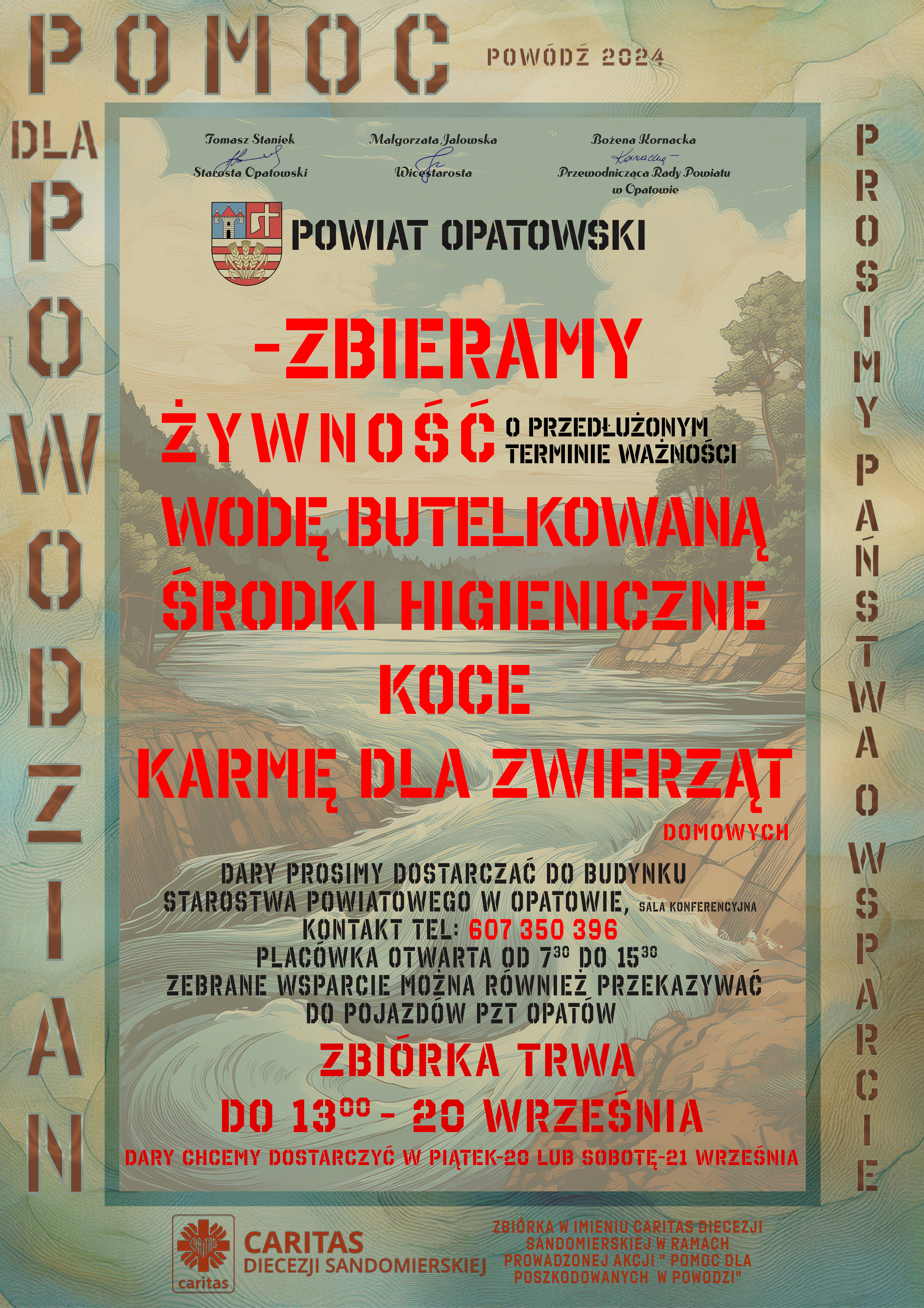 Plakat zbiórki żywności, wody, środki higieniczne, karme dla zwierząt dla powodzian 2024